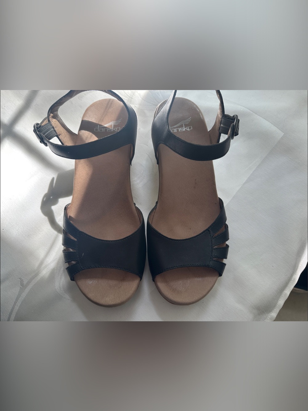 Dansko Black Leather Ankle-Strap Wedge Sandals